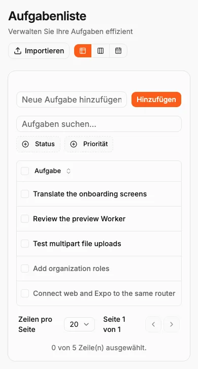 Die Aufgaben-App mit fünf Beispielaufgaben, Prioritäten und Status.